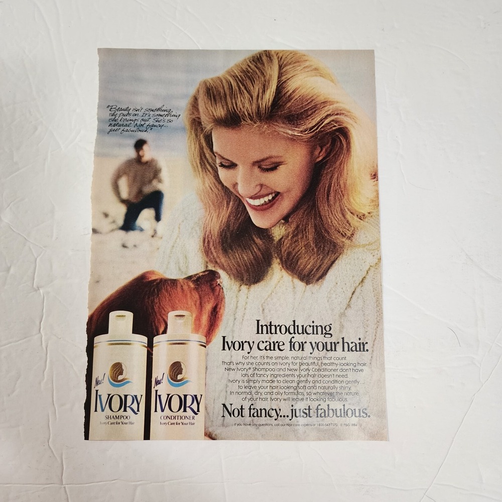 Vintage Print Ad Ivory Care for Hair woman beach dog 1984 magazine clipping